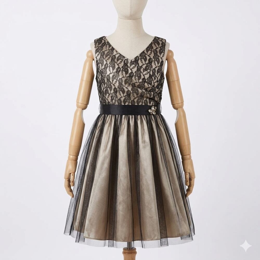 ABS Kids Size 14 Black Lace Gold Tulle Surplice Faux Wrap Formal Dress Tie NWT